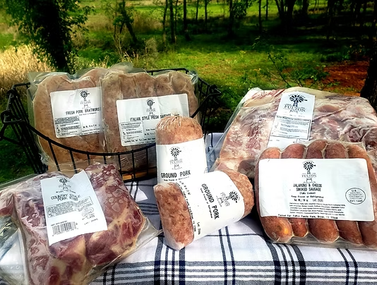 Packages of bratwurst, sausage links, ground pork, pork belly and ribs from Fulton Farm
